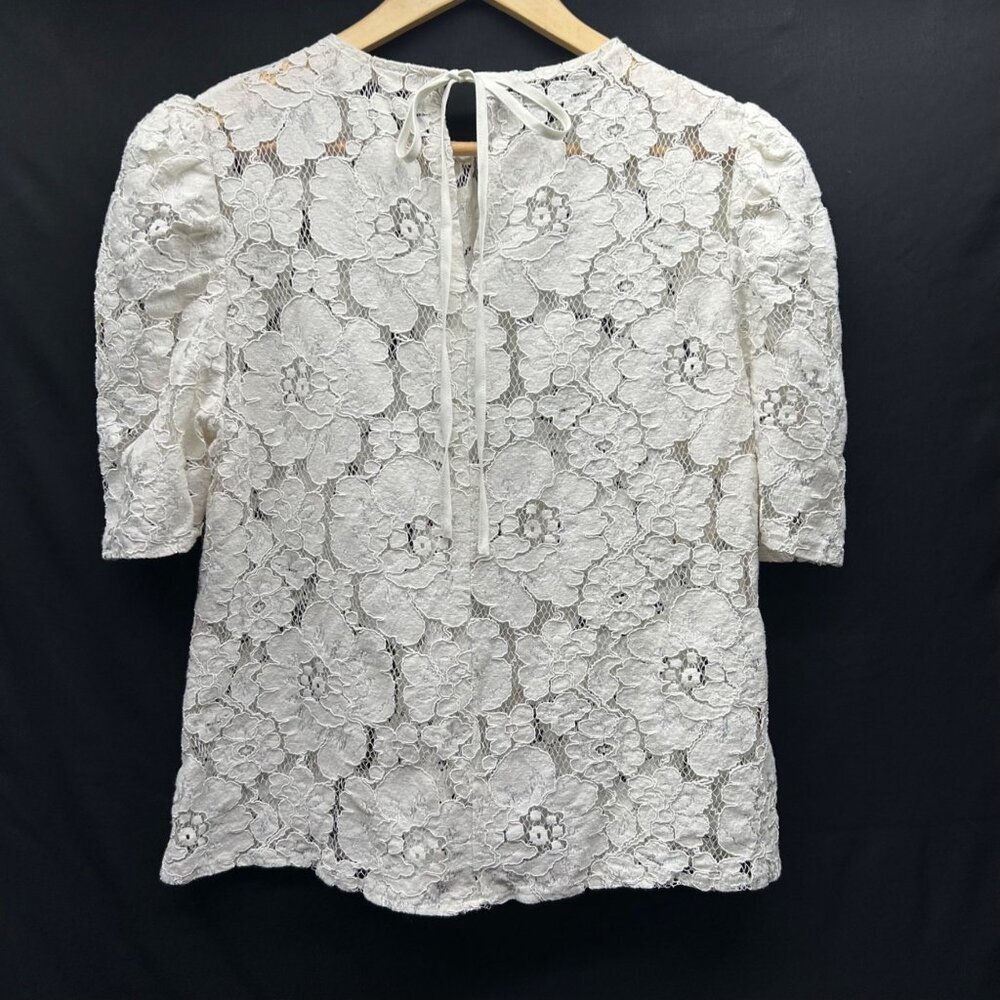 WAYF Women's Lace Puff Sleeve Top L Cream Key Hole Tie Neck - Picture 2 of 16
